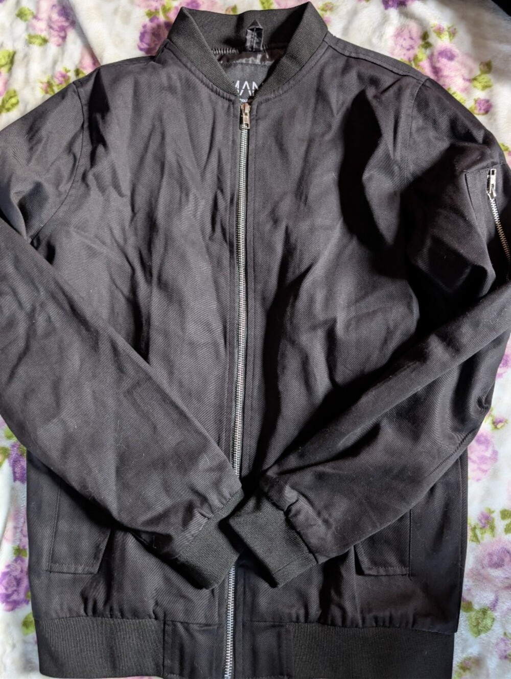 BoohooMAN Black Bomber Jacket with Front Zip